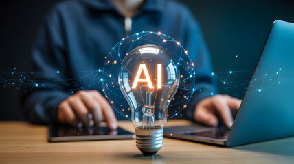 Innovative AI technology solution, lightbulb moment, glowing idea with digital connection, man working on tablet and laptop, smart, modern technology