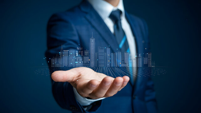Real estate visionary displaying future city growth in palm of hand, showcasing urban development and investment opportunities, inspiring innovation and progress