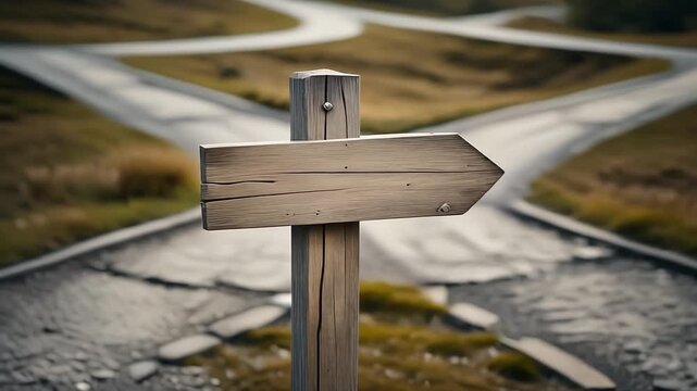 分岐点に立つ木製標識が示す選択の道