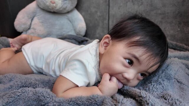 A baby sucking their thumb, supporting oral development while lying comfortably in a cozy and calm environment