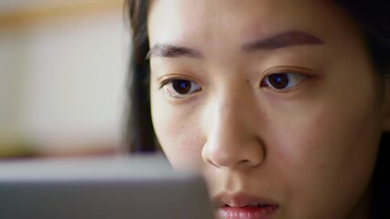 Closeup of a young Asian womans face as she intently watches a screen her eyes focused and engaged. - Powered by Adobe