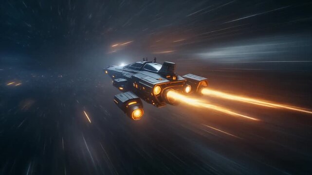 Ultra detailed starship entering hyperspace with bright energy trails