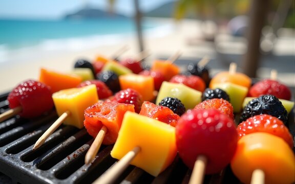 Colorful fruit kabobs grilling at beach resort under midday sun, summer delight. High quality