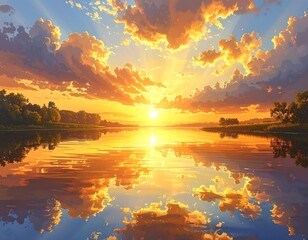 A serene landscape features a radiant sunset reflecting in calm water, surrounded by trees. The sky is filled with glowing clouds
