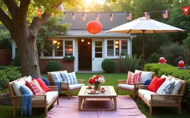 In a festive backyard setting a lively 4th of July bash, their DIY celebration brimming with creativity and camaraderie. Colorful decorations adorn the space. High quality