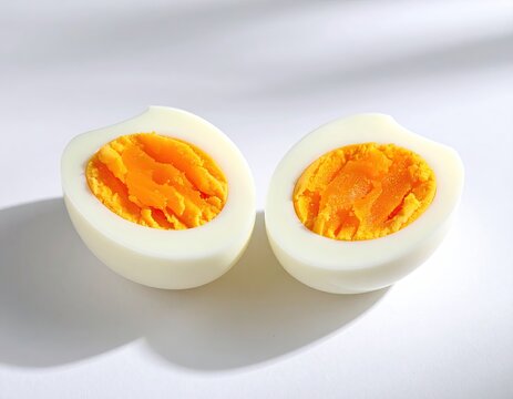 Boiled egg, cut in half, yolk exposed, white background