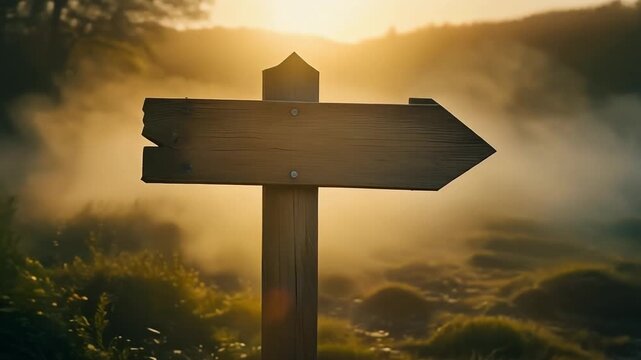 朝日を浴びる木製サインが導く希望の情景
