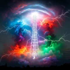 Obraz premium Colorful Lightning Storm Surrounds a Glowing Transmission Tower.