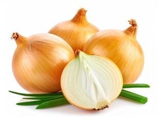 Fototapeta premium Group of golden onions, one cut, with green shoots