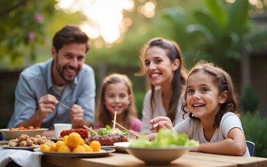 Quality family time in a backyard setting, playful and joyful moments, with a backdrop of a home barbecue. High quality