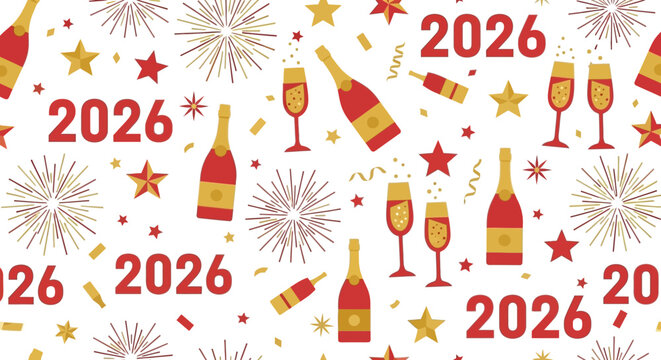 Celebrate 2026 with festive champagne bottles and sparkling stars, perfect for New Year's Eve parties and cheerful event invitations