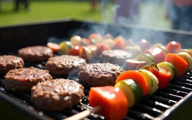 Outdoor barbecue scene featuring grilled burgers and vegetable skewers sizzling on a grill, indicating a lively gathering or festive cookout happening under sunny skies. High quality