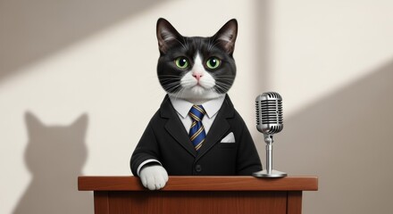 Tuxedo Cat Politician Giving Speech at Podium with Vintage Microphone