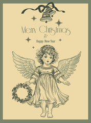 Сute angel with Advent wreath, Christmas bells and ribbon. Christmas card. Vintage. Vector