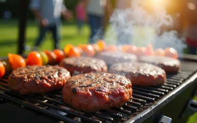 Outdoor barbecue scene featuring grilled burgers and vegetable skewers sizzling on a grill, indicating a lively gathering or festive cookout happening under sunny skies. High quality