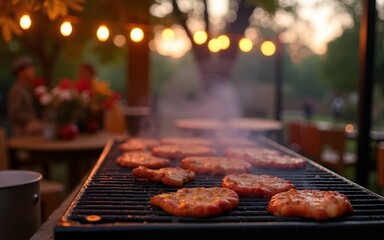 An outdoor barbecue party with grilled food and string lights at dusk, creating a warm, festive atmosphere. High quality
