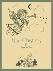 Cute angel flies over little houses, trumpeting coming of Christmas. Xmas card. Vector. Vintage.