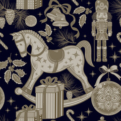 Christmas seamless pattern. Vintage toys and gifts. Xmas symbols. Vector. Template for holiday wrapping paper.