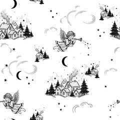 Black and white seamless pattern. Sweet angel flies over little houses, trumpeting coming of Christmas. Vector.
