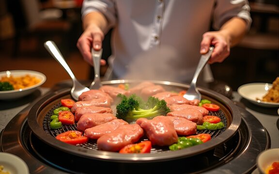 Joyful gathering around a traditional grill featuring a variety of meats and vegetables in a bustling dining atmosphere. High quality
