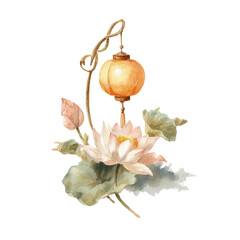 Watercolor Lotus Flower and Lantern