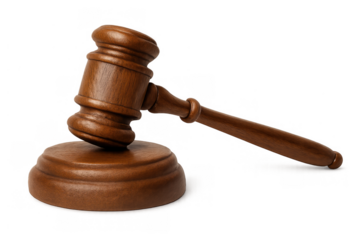 Gavel representing justice, law, and legal authority with a wooden mallet and sound block on transparent background