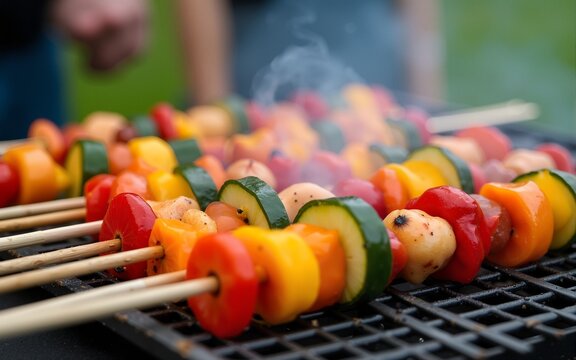 Grilling colorful vegetable skewers at summer barbecue outdoor event food photography vibrant atmosphere close-up culinary delight. High quality