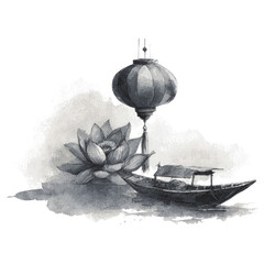 Lotus Flower, Boat, and Lantern Watercolor