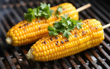 Two corn on the cob are perfectly grilled and sprinkled with spices, served on skewers with vibrant green toppings, ideal for a flavorful and festive cookout. High quality