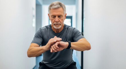 Focused senior man doing squats and monitoring his performance on his smart watch to stay fit and healthy at home