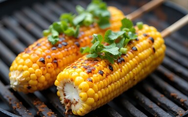 Two corn on the cob are perfectly grilled and sprinkled with spices, served on skewers with vibrant green toppings, ideal for a flavorful and festive cookout. High quality