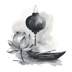 Watercolor Lantern, Lotus, and Boat