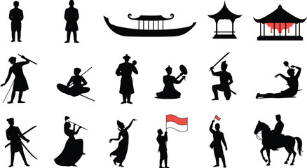 Indonesian culture silhouettes, traditional dance, martial arts, national pride, ethnic costumes, heritage icons, flag waving, pavilion, music, ceremony, celebration