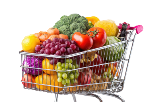 Overflowing shopping cart filled with vibrant, fresh produce