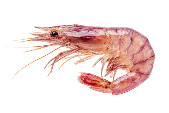 Close-up view of a single raw shrimp on a black background