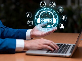Man with Laptop Presents Glowing Service Globe, Featuring AI, Time, Settings, Calendar, Microphone, and Profile Icons on Wood Desk
