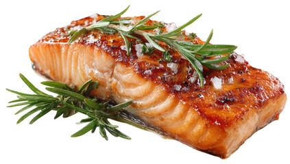 Pan-seared salmon fillet with rosemary and sea salt garnish