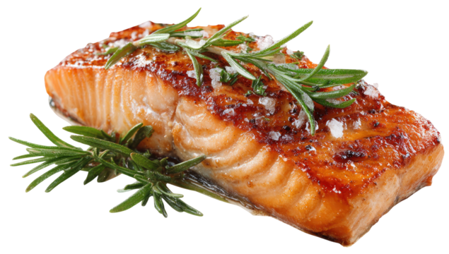 Pan-seared salmon fillet with rosemary and sea salt garnish