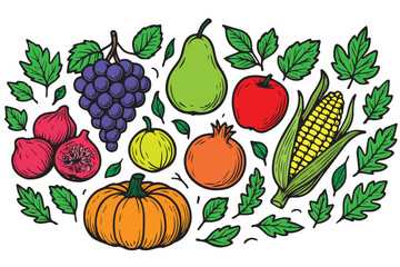 A lively colorful vector pattern filled with harvest fruits and vegetables, arranged in decorative repeats that highlight abundance, tradition, and the spirited atmosphere of a festive celebration fun