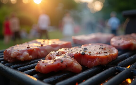 A closeup of meat grilling on a barbecue in a festive outdoor setting. High quality
