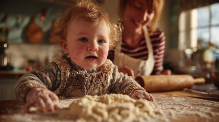Little chef enjoys baking while mom playfully encourages creativity