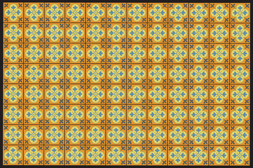 Vibrant yellow vector pattern resembling tile or textile motifs, accented with small blue dots arranged in a rhythmic layout that adds energy, contrast, and a cheerful decorative appeal glow.