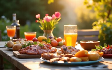 A vibrant outdoor dining setup featuring delicious grilled food and colorful flowers. Perfect for summer gatherings and family barbecues. Enjoy the sun. Generative AI. High quality