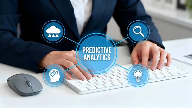 Predictive Analytics Concept Businesswoman Typing on Keyboard with Data Analysis Icons for Insights, Machine Learning, and Future Trends in a Modern Office