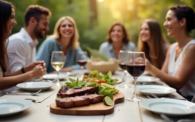 Backyard dinner table have a grilled barbecue meat, Salads and wine with happy joyful people on background. High quality