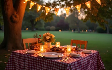 Festive outdoor picnic setting with string lights, bunting, and checkered tablecloth in a park during the evening. High quality
