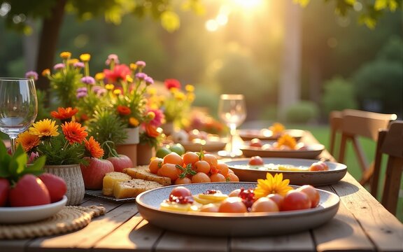 A vibrant outdoor dining setup featuring delicious grilled food and colorful flowers. Perfect for summer gatherings and family barbecues. Enjoy the sun. Generative AI. High quality