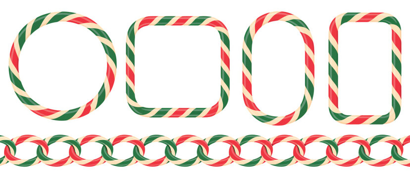 Candy cane border square circle oval Christmas frames striped lollipop pattern festive vector illustration