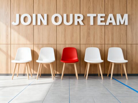 Job Hiring Waiting Room with "Join Our Team" Text, White and Red Chairs on Grey Floor Against Wood Panel Wall Background