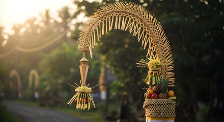 High Detail Balinese Galungan Penjor – Religious Offering Pole with Handwoven Coconut Leaves and Symbolic Festival Craftsmanship
